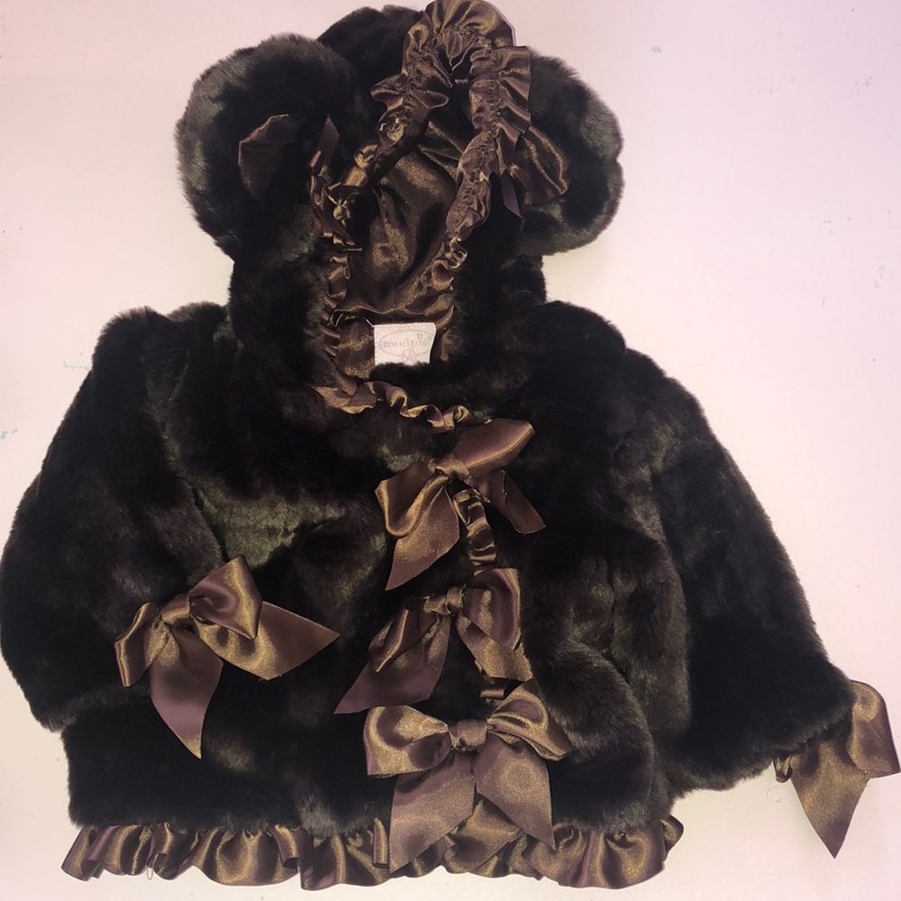Mud pie brown bear hooded faux fur coat 0-6 months
